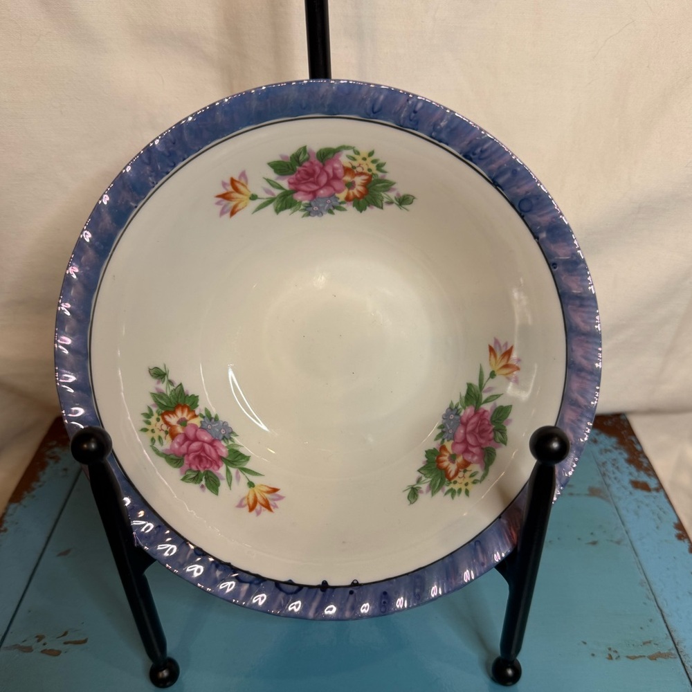 Vintage Yamatsu Japan Lusterware Bowl Floral Design Distinctive Blue Irridescent